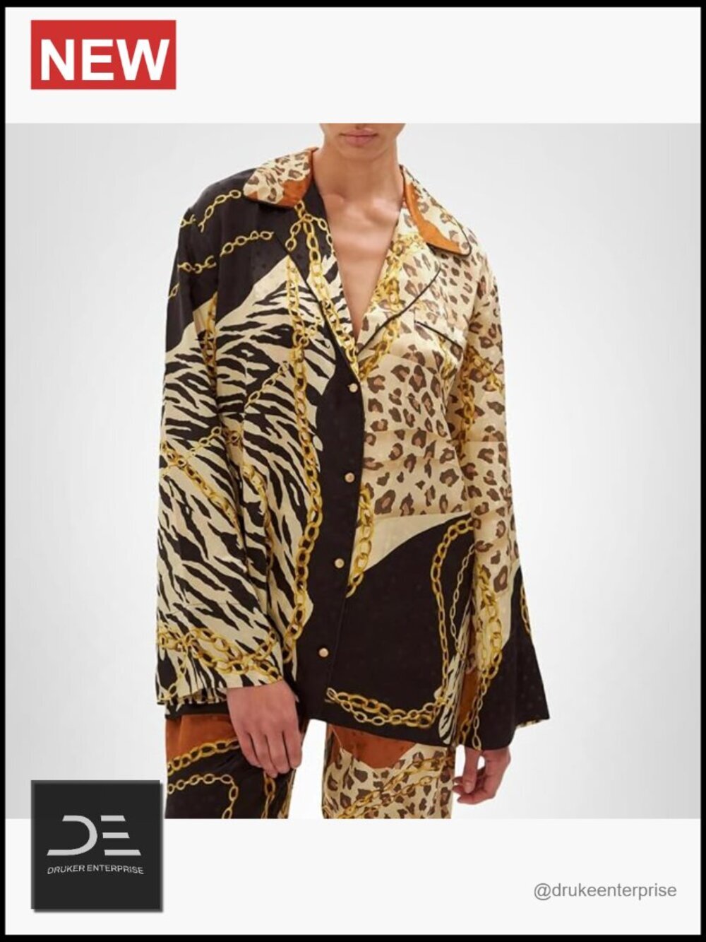 Long Sleeve Animal Print Button Up Top Oversized Fit Collared Blouse